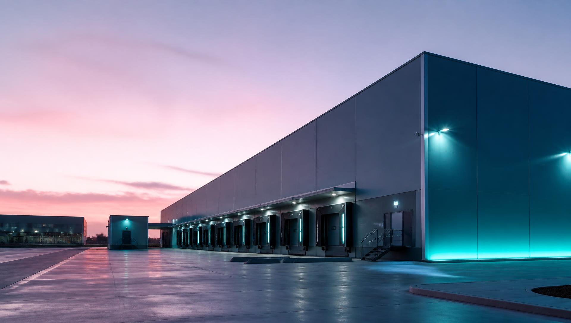 Fachada de unidade industrial ao anoitecer